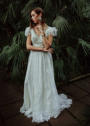 Tiered Short Sleeves Ivory Eyelash Lace Romantic Wedding Dress
